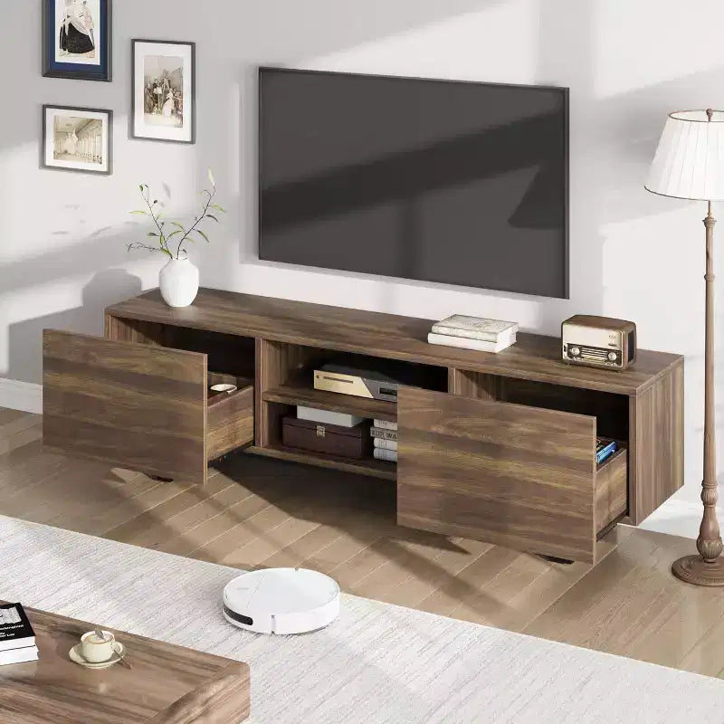 COZONY Industrial TV Stand with 2 Drawers, Natural Wood Entertainment Center with Heavy Duty Legs for Living Room