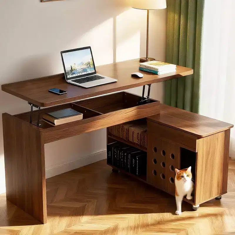 Okak 55.1IN Home Office Desks with Storage Shelves, L Shaped Desk with Adjustable Height, Folding Table for Living Room, Bedroom, Study, Walnut