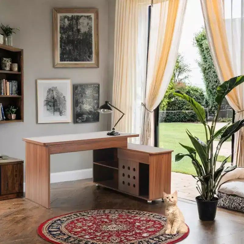 Okak 55.1IN Home Office Desks with Storage Shelves, L Shaped Desk with Adjustable Height, Folding Table for Living Room, Bedroom, Study, Walnut