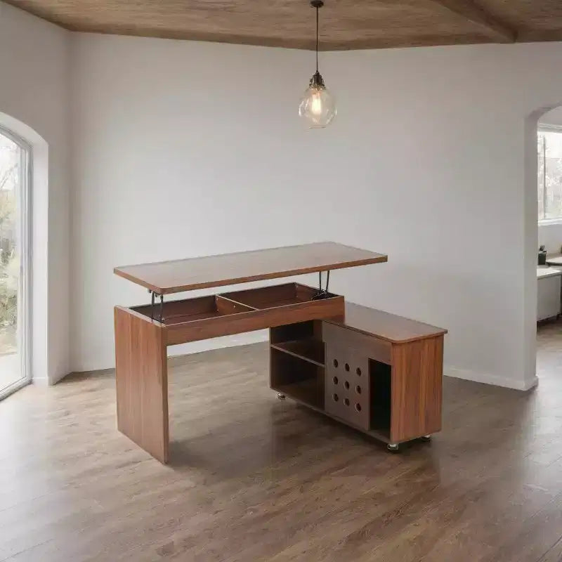 Okak 55.1IN Home Office Desks with Storage Shelves, L Shaped Desk with Adjustable Height, Folding Table for Living Room, Bedroom, Study, Walnut