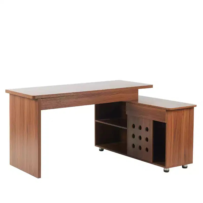 Okak 55.1IN Home Office Desks with Storage Shelves, L Shaped Desk with Adjustable Height, Folding Table for Living Room, Bedroom, Study, Walnut