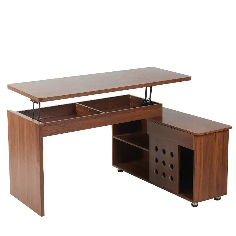 Okak 55.1IN Home Office Desks with Storage Shelves, L Shaped Desk with Adjustable Height, Folding Table for Living Room, Bedroom, Study, Walnut