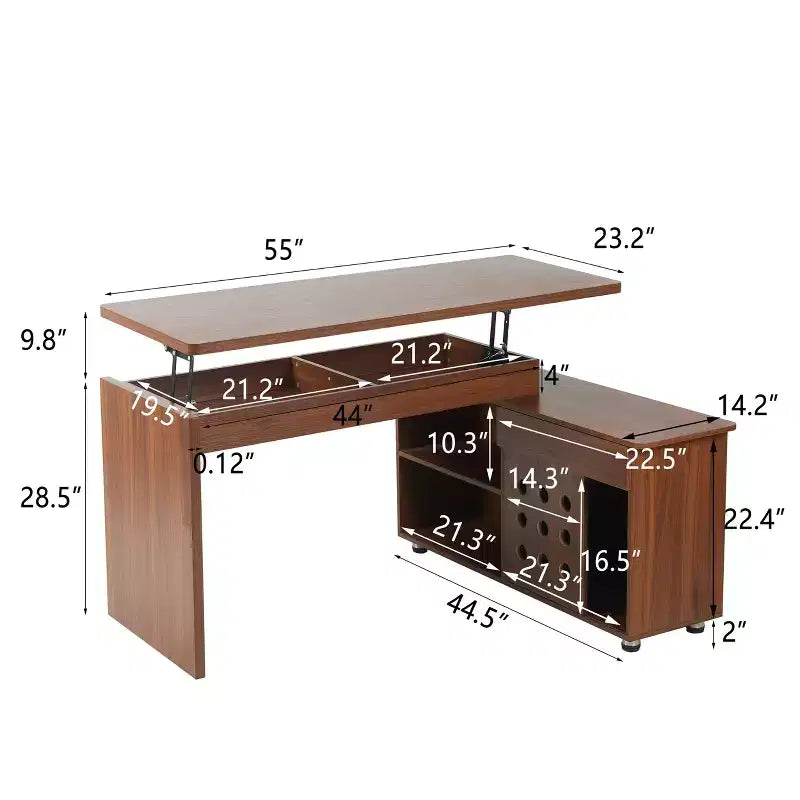 Okak 55.1IN Home Office Desks with Storage Shelves, L Shaped Desk with Adjustable Height, Folding Table for Living Room, Bedroom, Study, Walnut