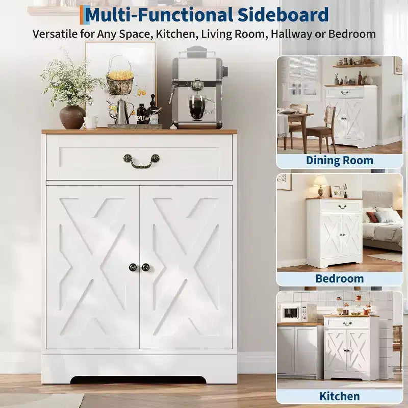 CuisinSmart Farmhouse Coffee Bar Cabinet with 2 Doors & Drawer, Adjustable Shelf Kitchen Storage Buffet Sideboard, 150LB Capacity, for Dining Room