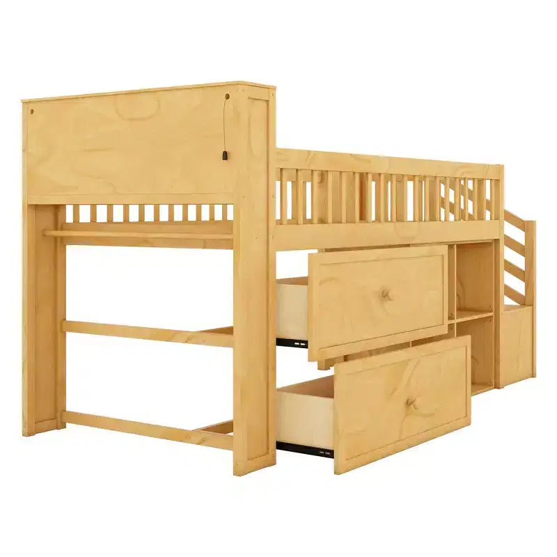 Whisen Twin Size Loft Bed with LED, Bookshelf, Stairs, Storage Drawers and Shelves, Solid Wood Sturdy Frame