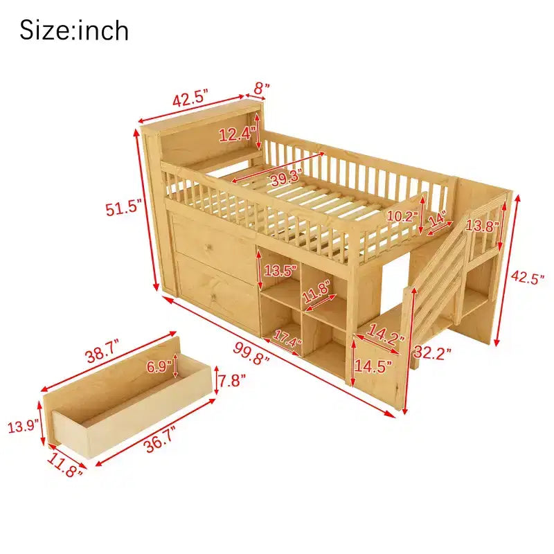 Whisen Twin Size Loft Bed with LED, Bookshelf, Stairs, Storage Drawers and Shelves, Solid Wood Sturdy Frame