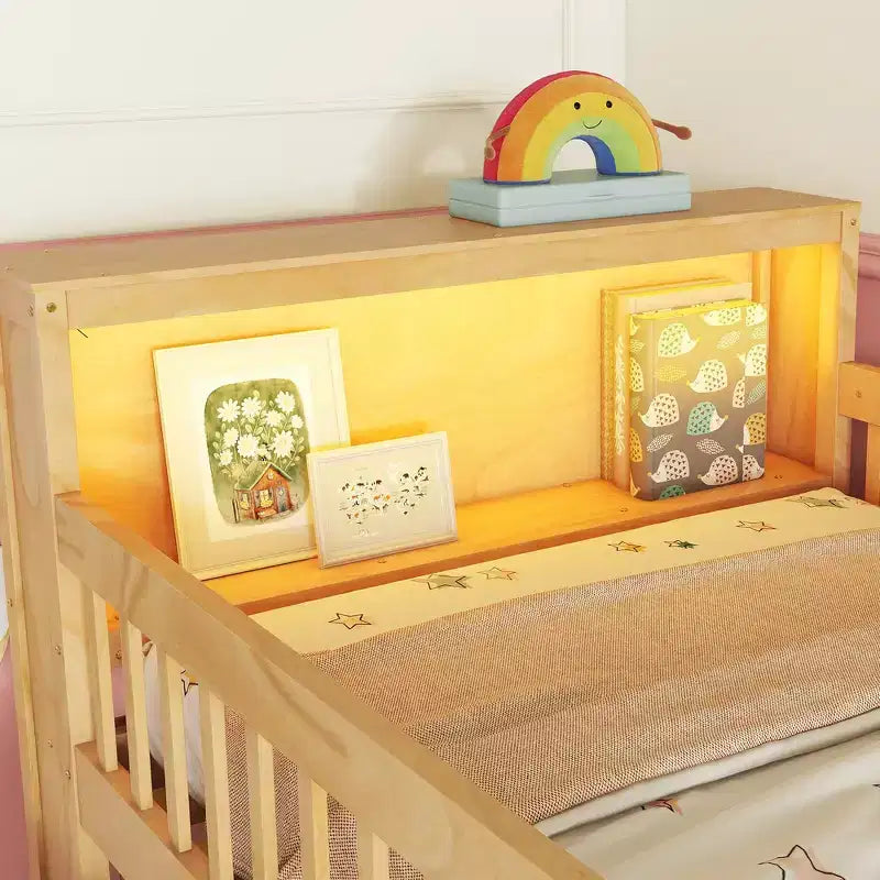 Whisen Twin Size Loft Bed with LED, Bookshelf, Stairs, Storage Drawers and Shelves, Solid Wood Sturdy Frame
