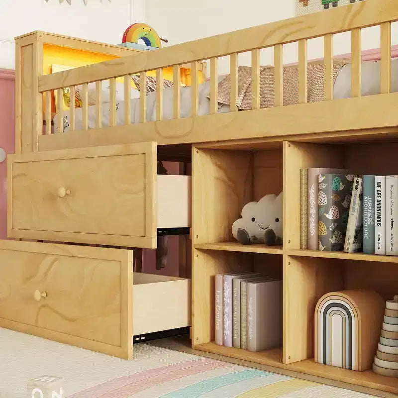 Whisen Twin Size Loft Bed with LED, Bookshelf, Stairs, Storage Drawers and Shelves, Solid Wood Sturdy Frame