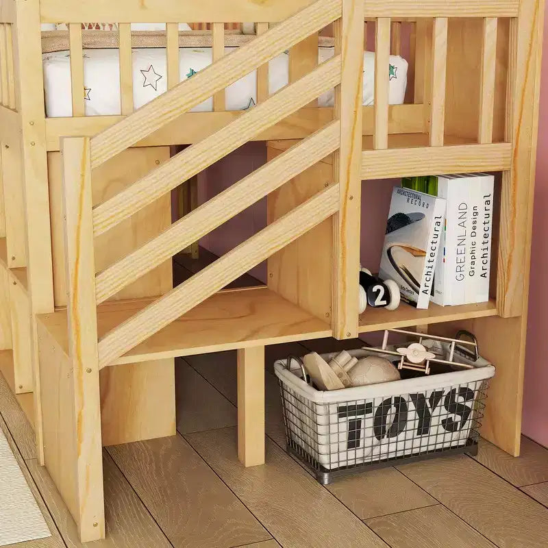 Whisen Twin Size Loft Bed with LED, Bookshelf, Stairs, Storage Drawers and Shelves, Solid Wood Sturdy Frame