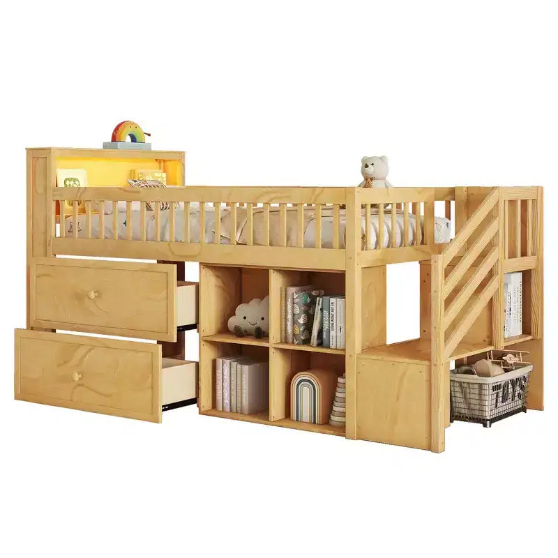 Whisen Twin Size Loft Bed with LED, Bookshelf, Stairs, Storage Drawers and Shelves, Solid Wood Sturdy Frame