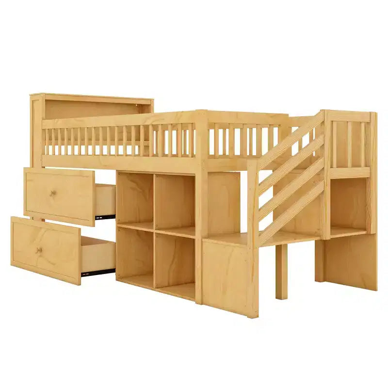 Whisen Twin Size Loft Bed with LED, Bookshelf, Stairs, Storage Drawers and Shelves, Solid Wood Sturdy Frame