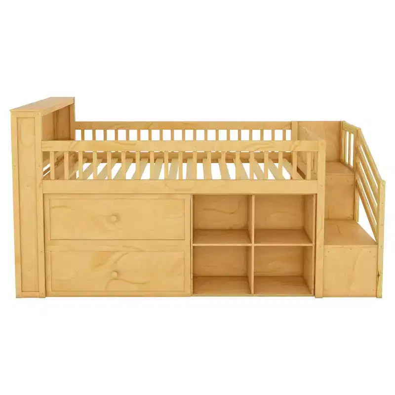 Whisen Twin Size Loft Bed with LED, Bookshelf, Stairs, Storage Drawers and Shelves, Solid Wood Sturdy Frame