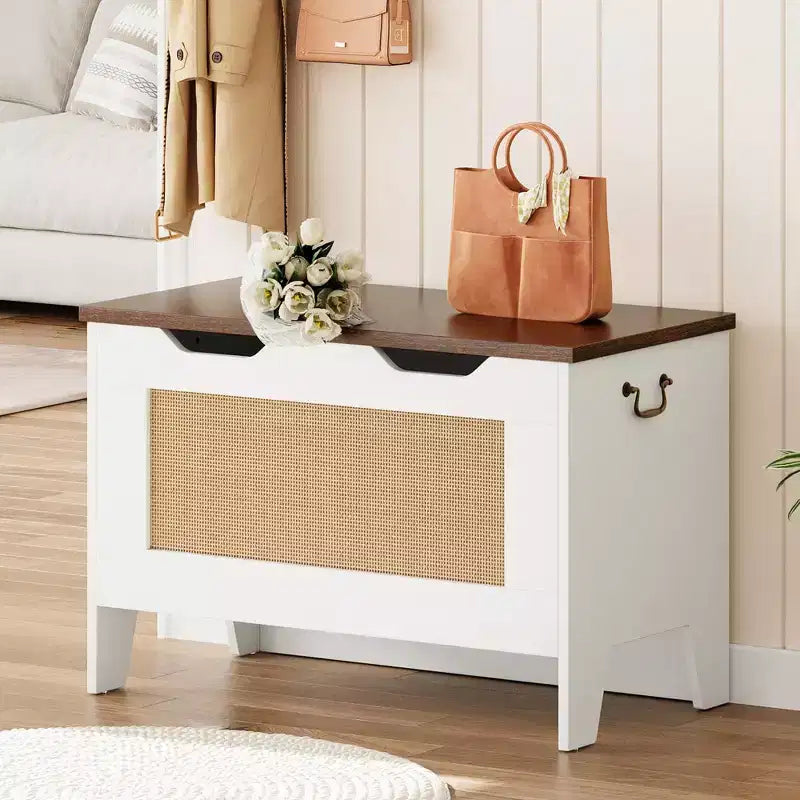 Storage Chest,Rattan Toy Chest,30 Wooden Storage Bench with Safety Hinge,Blanket Chest