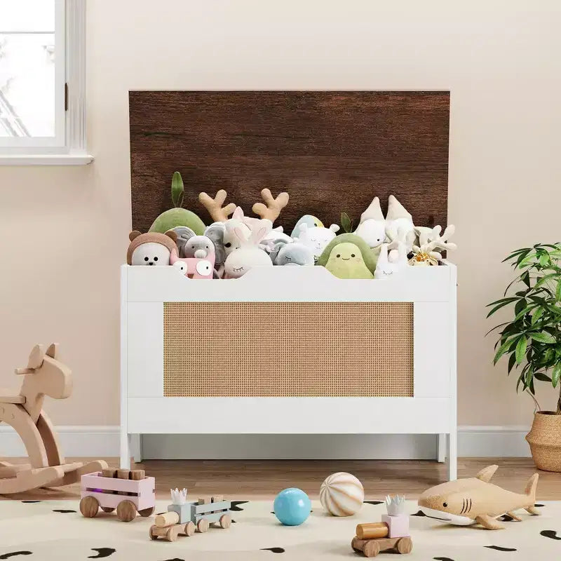 Storage Chest,Rattan Toy Chest,30 Wooden Storage Bench with Safety Hinge,Blanket Chest