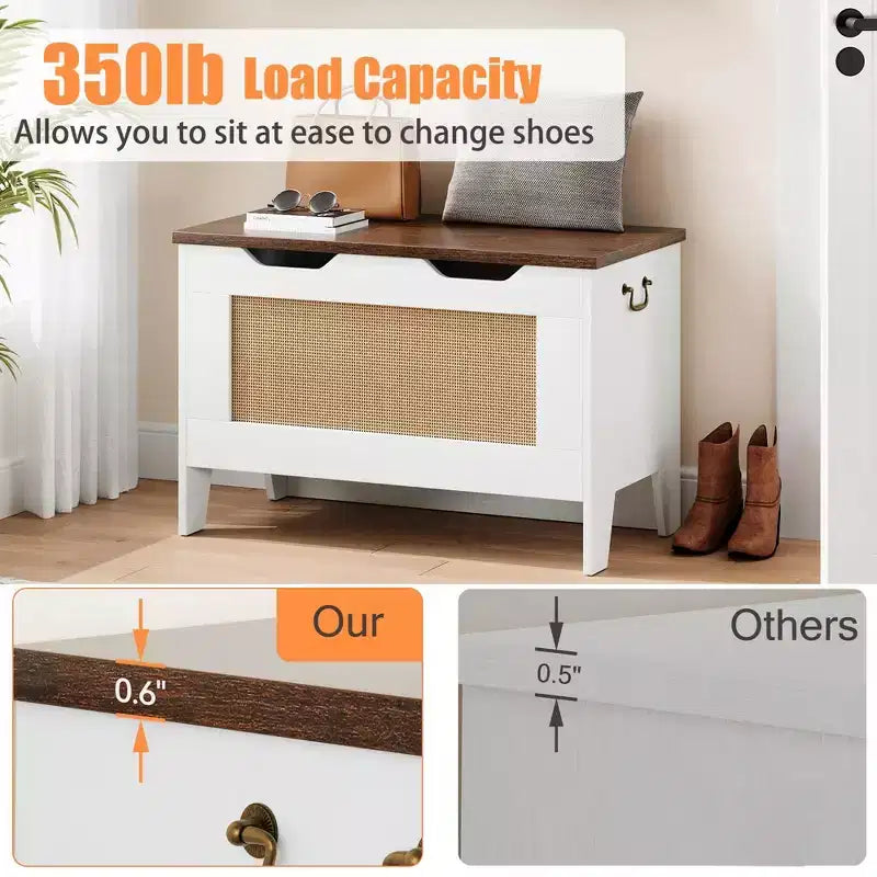 Storage Chest,Rattan Toy Chest,30 Wooden Storage Bench with Safety Hinge,Blanket Chest