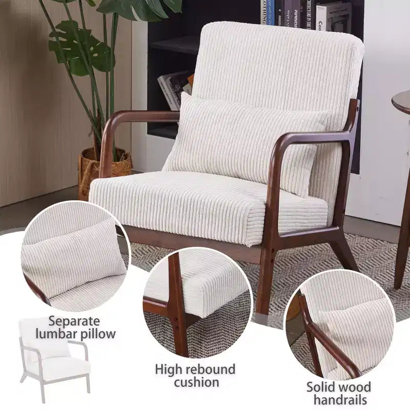 Homy Casa Mid-Century Modern Accent Chair with Pillow and Solid Wood Frame, Upholstered Armchair for Living Room, Bedroom or Reading Corner
