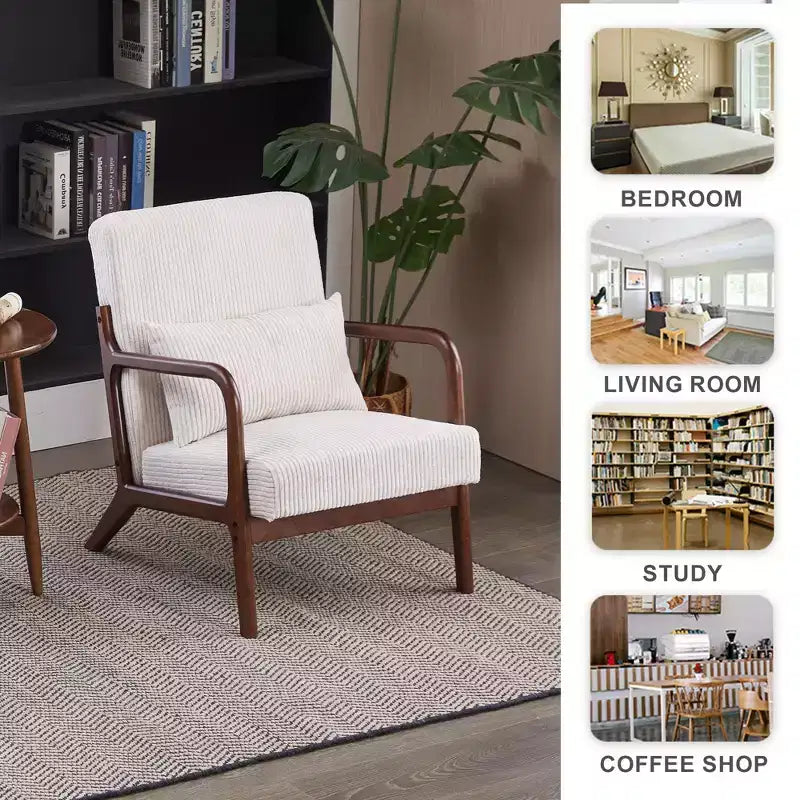 Homy Casa Mid-Century Modern Accent Chair with Pillow and Solid Wood Frame, Upholstered Armchair for Living Room, Bedroom or Reading Corner