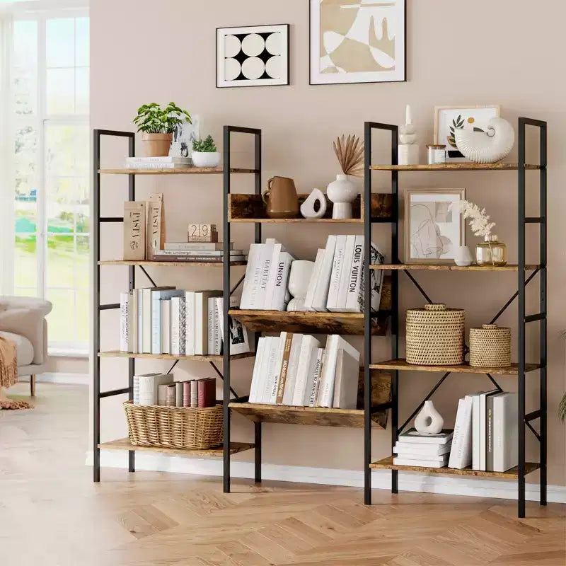 Industrial Bookcase,Triple Wide 4 Tiers Industrial Bookshelf with 11 Open Display Shelves,Open Record Player Shelves with Metal Frame for Living Room