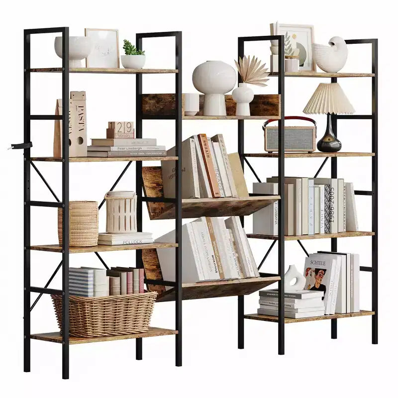 Industrial Bookcase,Triple Wide 4 Tiers Industrial Bookshelf with 11 Open Display Shelves,Open Record Player Shelves with Metal Frame for Living Room