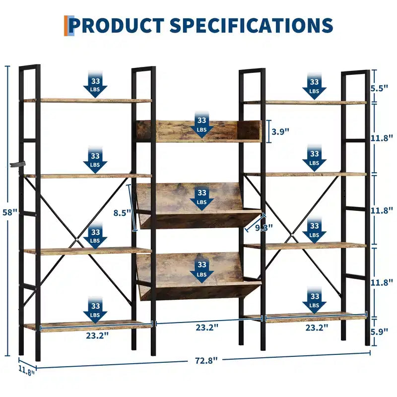 Industrial Bookcase,Triple Wide 4 Tiers Industrial Bookshelf with 11 Open Display Shelves,Open Record Player Shelves with Metal Frame for Living Room