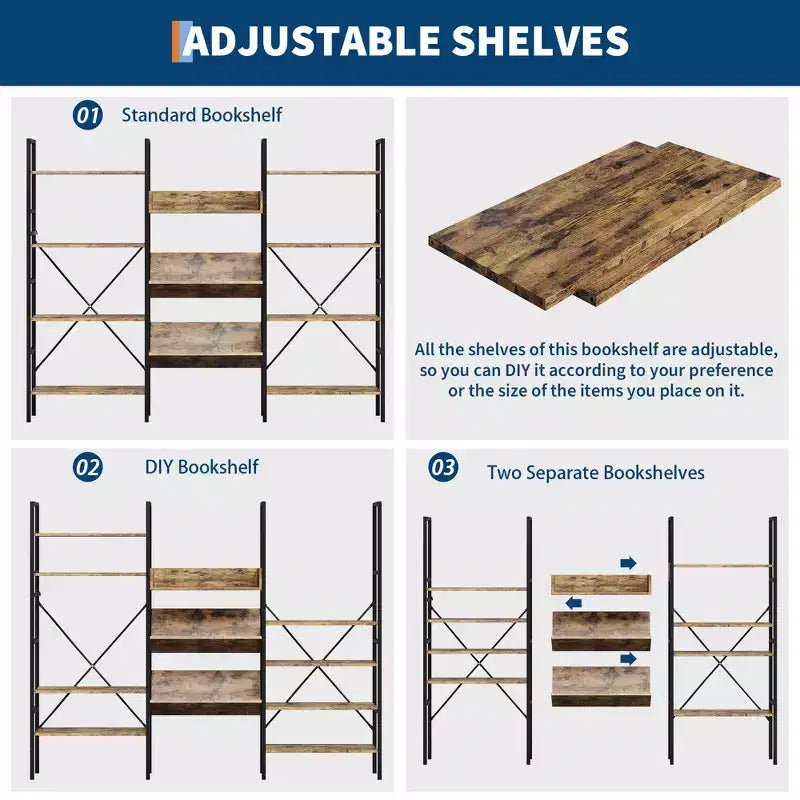 Industrial Bookcase,Triple Wide 4 Tiers Industrial Bookshelf with 11 Open Display Shelves,Open Record Player Shelves with Metal Frame for Living Room