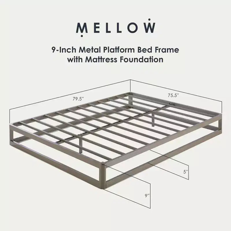 Mellow 9-Inch Metal Platform Bed Frame with Mattress Foundation, King, Gray