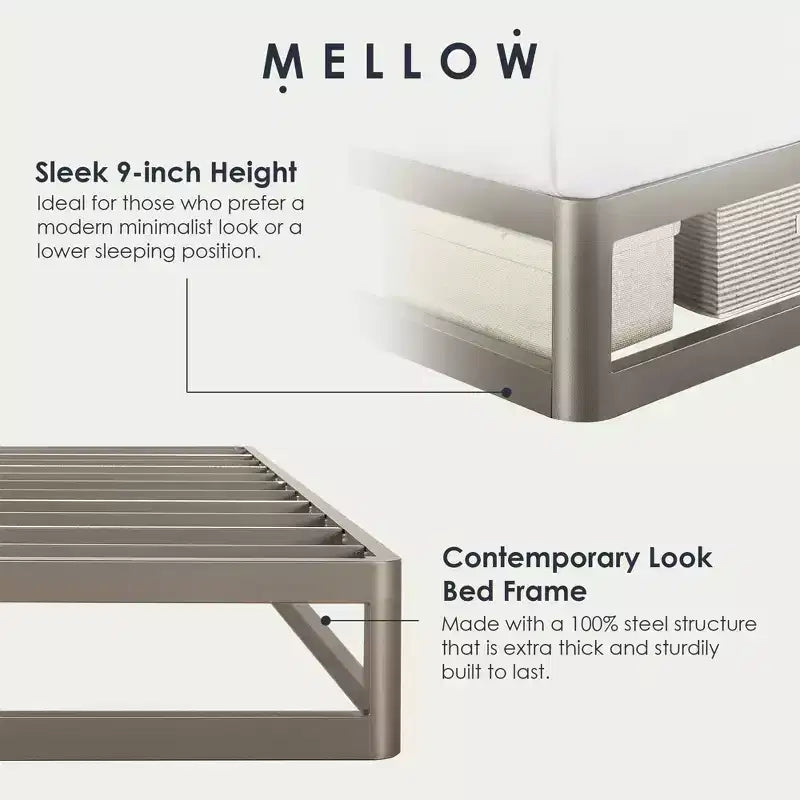 Mellow 9-Inch Metal Platform Bed Frame with Mattress Foundation, King, Gray