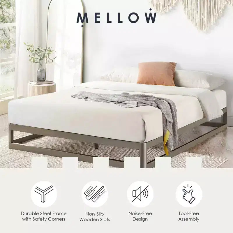Mellow 9-Inch Metal Platform Bed Frame with Mattress Foundation, King, Gray