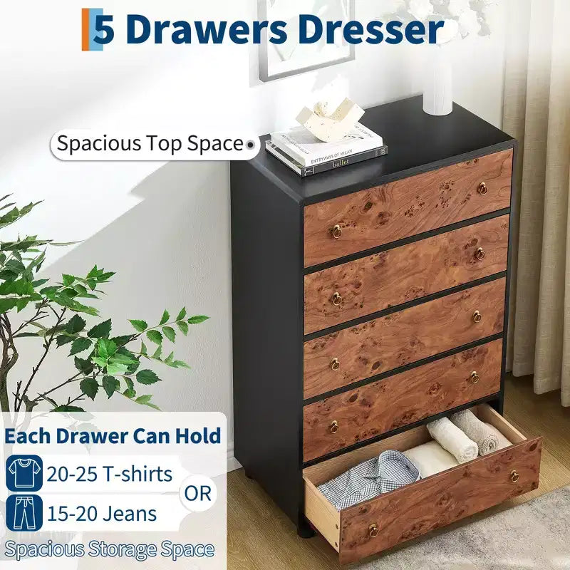 5 Drawers Dresser for Bedroom, 46 Tall Wood Chest of Drawers with Metal Handles, Heavy-Duty TV Stand for Living Room, Closet Storage Organizer