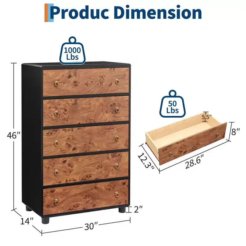 5 Drawers Dresser for Bedroom, 46 Tall Wood Chest of Drawers with Metal Handles, Heavy-Duty TV Stand for Living Room, Closet Storage Organizer