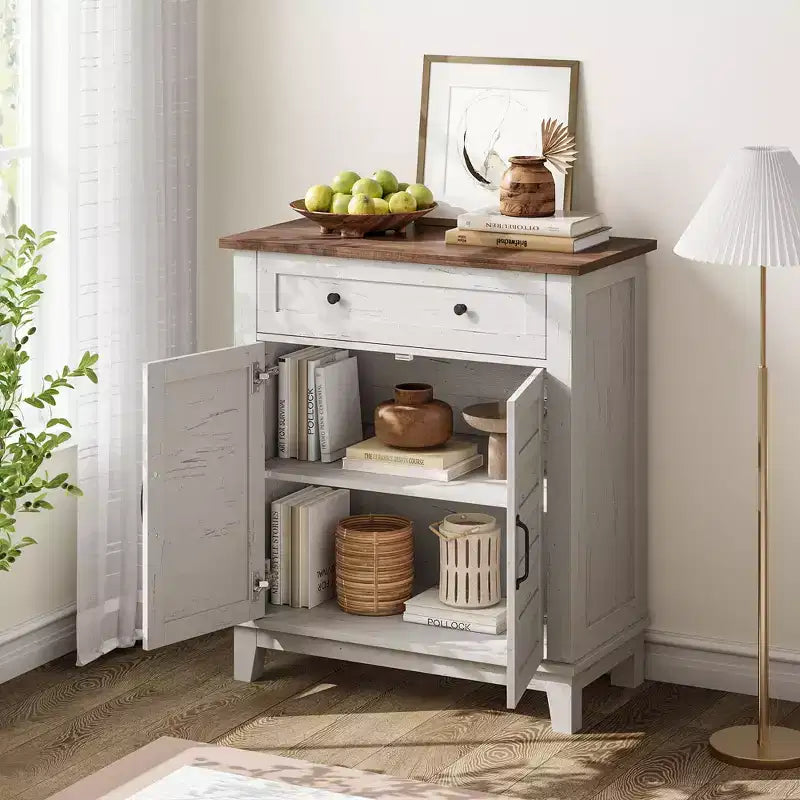 Farmhouse Storage Cabinet Adjustable, with 3-Tier Shelves Style,