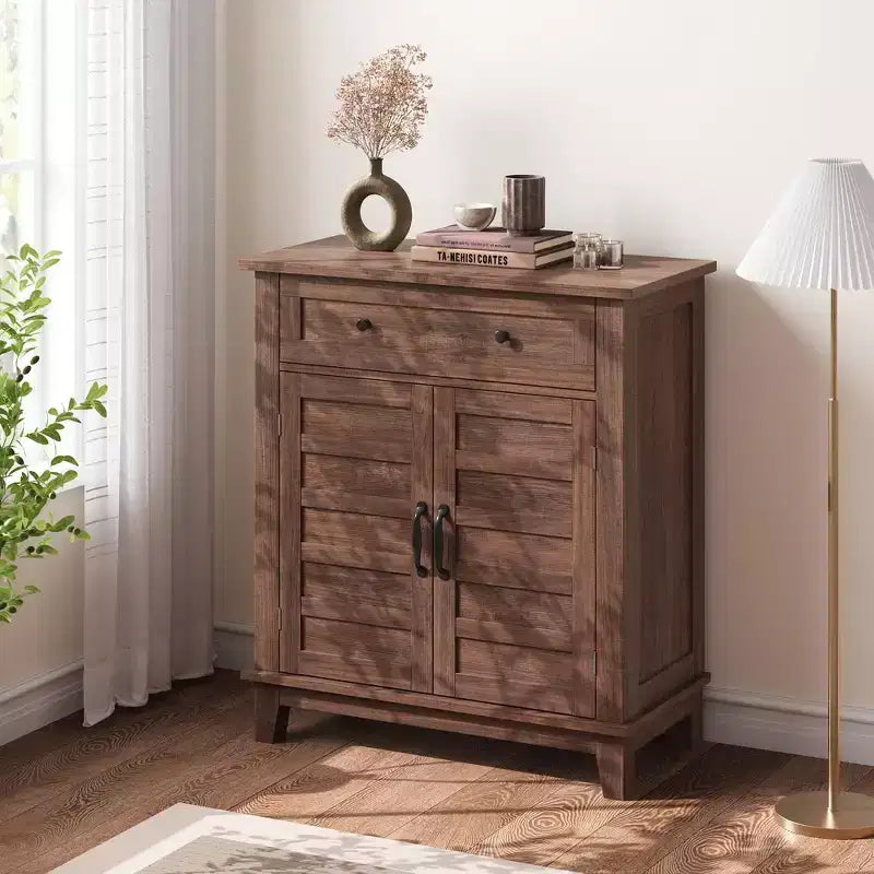 Farmhouse Storage Cabinet Adjustable, with 3-Tier Shelves Style,