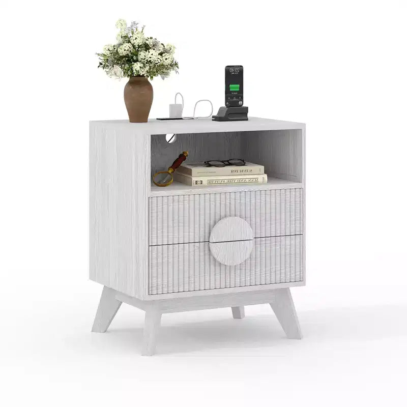 Fluted Nightstand with 2 Drawers & Open Shelf, Modern Wooden Bedside Table for Bedroom, End Table with Storage for Living Room