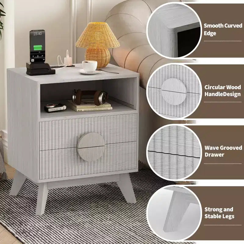 Fluted Nightstand with 2 Drawers & Open Shelf, Modern Wooden Bedside Table for Bedroom, End Table with Storage for Living Room