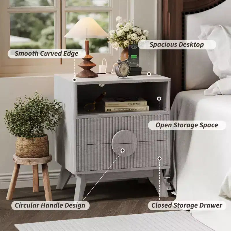 Fluted Nightstand with 2 Drawers & Open Shelf, Modern Wooden Bedside Table for Bedroom, End Table with Storage for Living Room