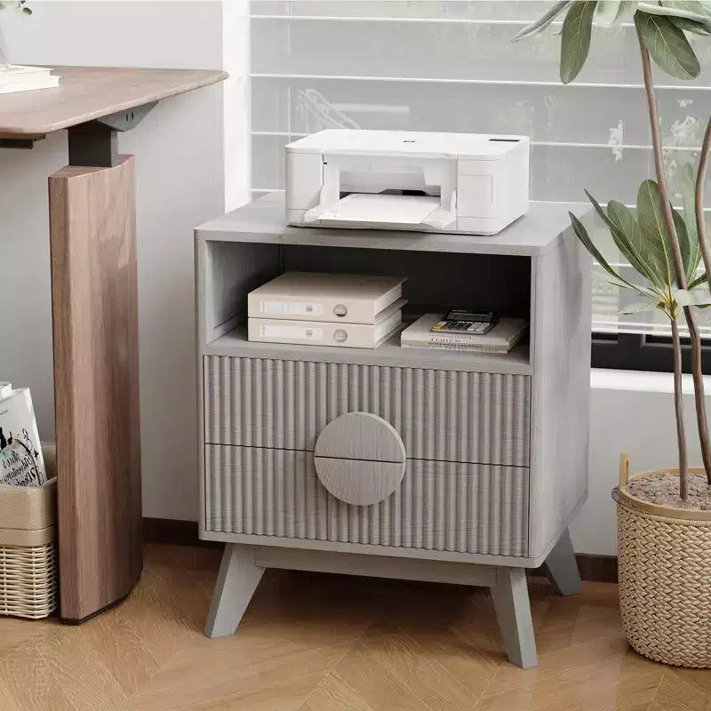 Fluted Nightstand with 2 Drawers & Open Shelf, Modern Wooden Bedside Table for Bedroom, End Table with Storage for Living Room