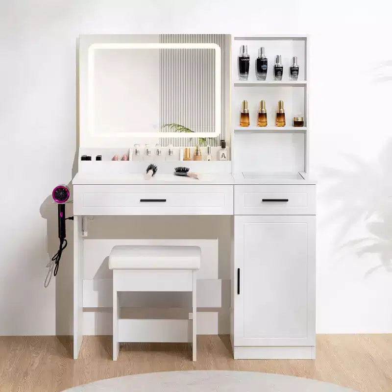 Hommpa Makeup Desk Vanity with Charging Station and Storage Shelves White One Cabinet