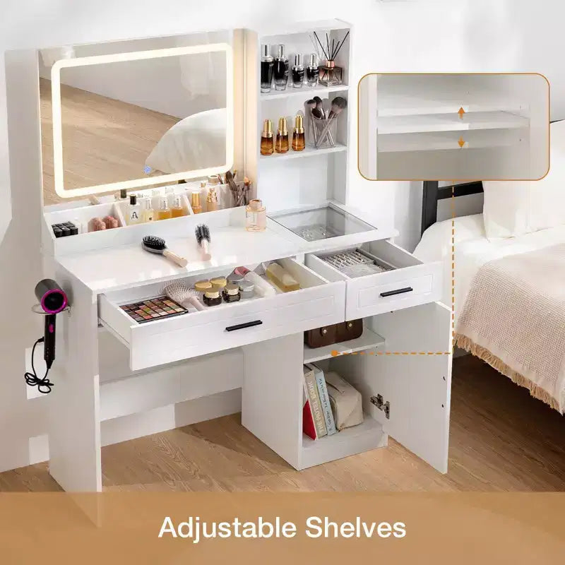 Hommpa Makeup Desk Vanity with Charging Station and Storage Shelves White One Cabinet