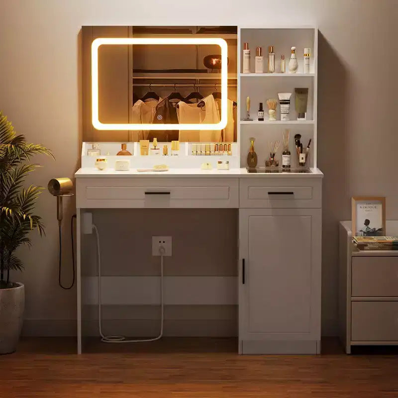 Hommpa Makeup Desk Vanity with Charging Station and Storage Shelves White One Cabinet