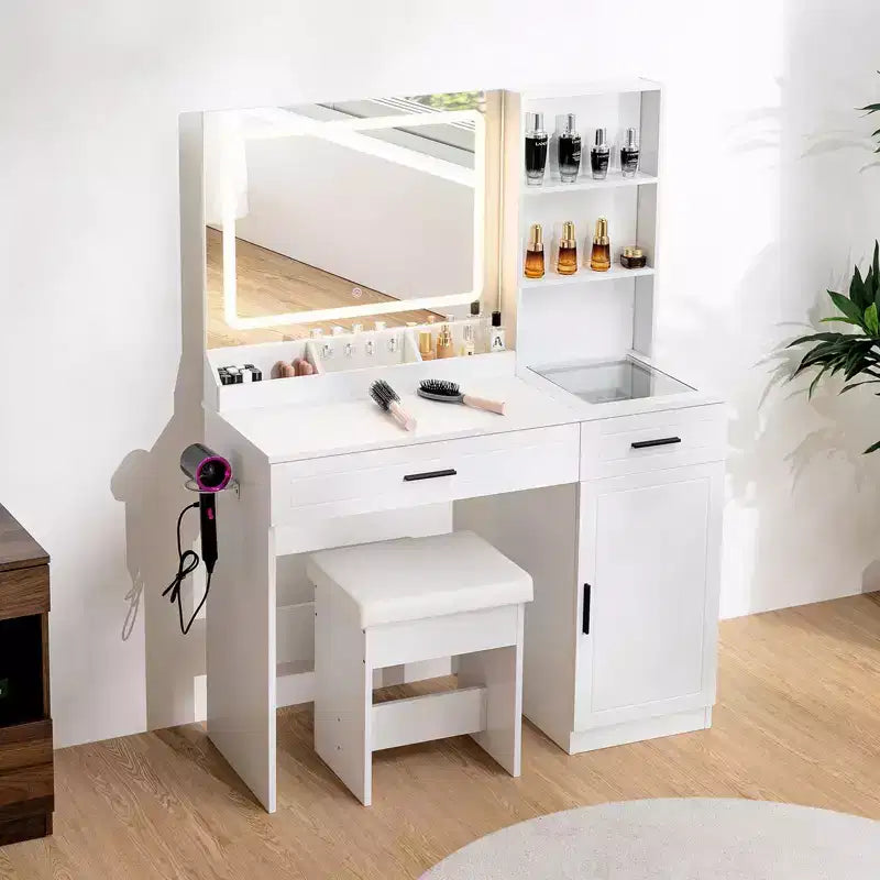 Hommpa Makeup Desk Vanity with Charging Station and Storage Shelves White One Cabinet