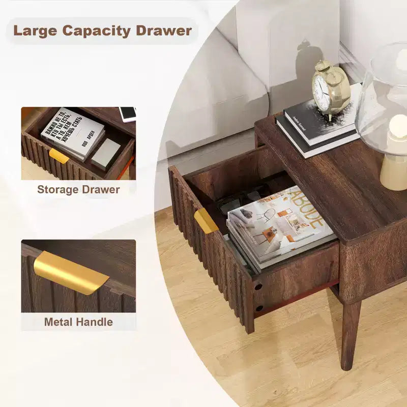Dyonery 20 inch Walnut Fluted Nightstand Set of 1/2 Mid Century Modern End Table with Drawer Bedside Table Solid Wood End Side Table for Living Room