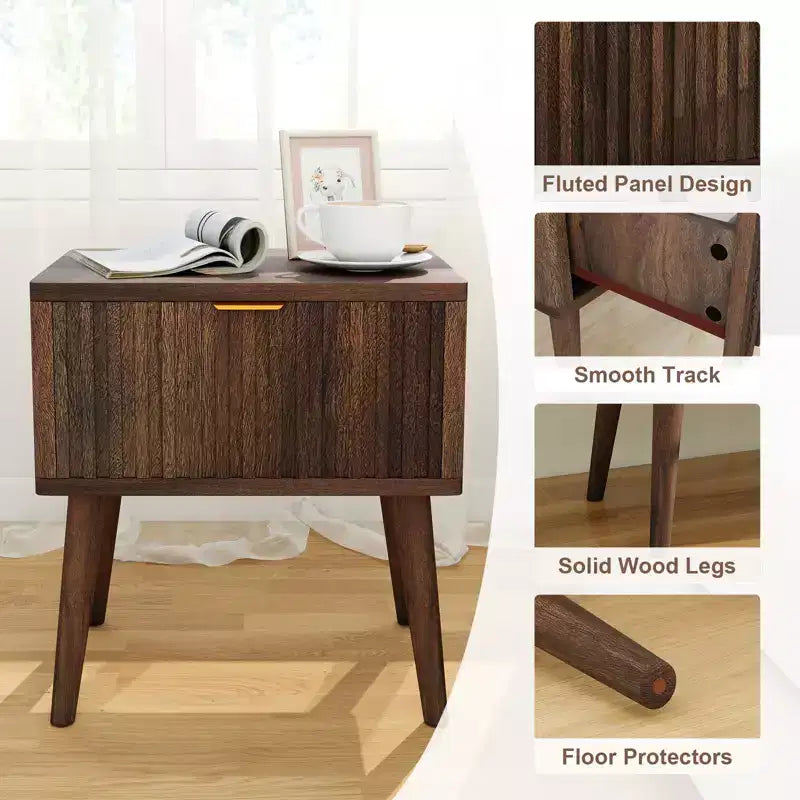 Dyonery 20 inch Walnut Fluted Nightstand Set of 1/2 Mid Century Modern End Table with Drawer Bedside Table Solid Wood End Side Table for Living Room