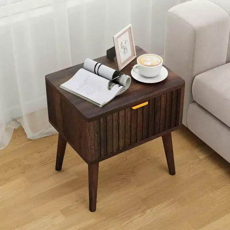 Dyonery 20 inch Walnut Fluted Nightstand Set of 1/2 Mid Century Modern End Table with Drawer Bedside Table Solid Wood End Side Table for Living Room