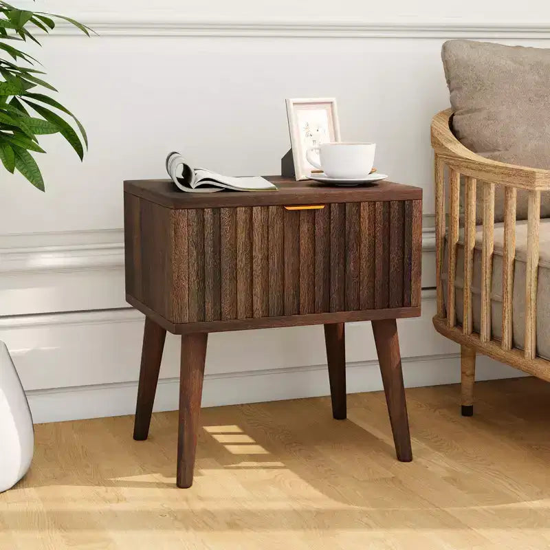 Dyonery 20 inch Walnut Fluted Nightstand Set of 1/2 Mid Century Modern End Table with Drawer Bedside Table Solid Wood End Side Table for Living Room