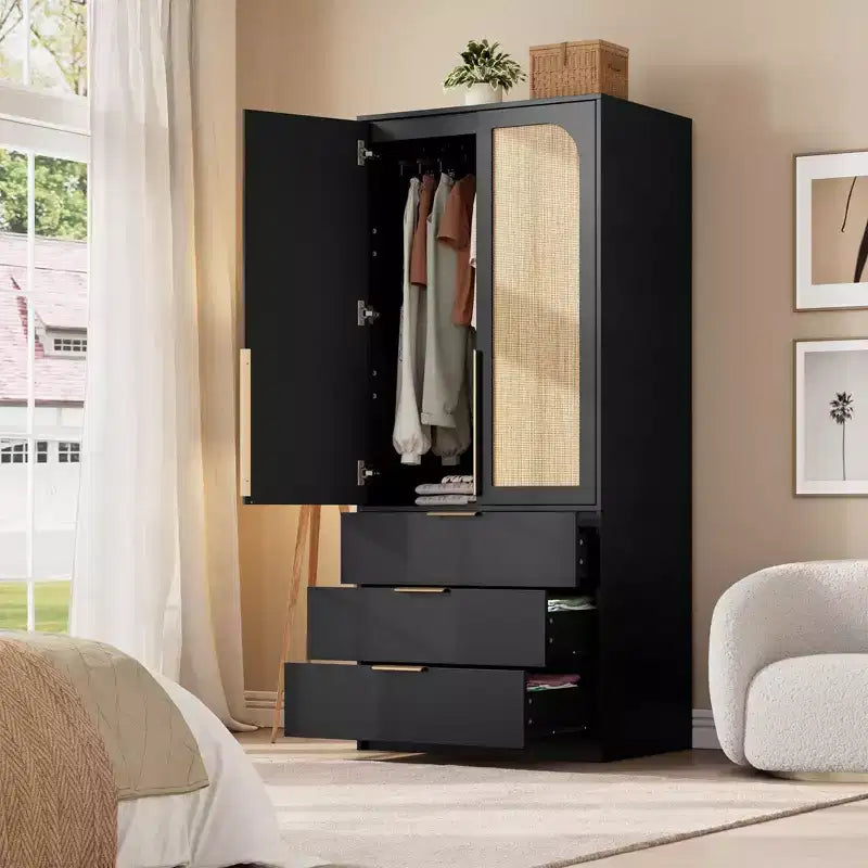 Wardrobe Closet, 69.5 Wooden Wardrobe Cabinet with 3 Drawers, Hanging Rod, 2 Rattan Doors Clothing Storage Cabinet for Bedroom, Large Capacity