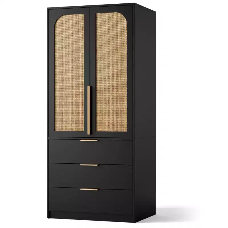 Wardrobe Closet, 69.5 Wooden Wardrobe Cabinet with 3 Drawers, Hanging Rod, 2 Rattan Doors Clothing Storage Cabinet for Bedroom, Large Capacity