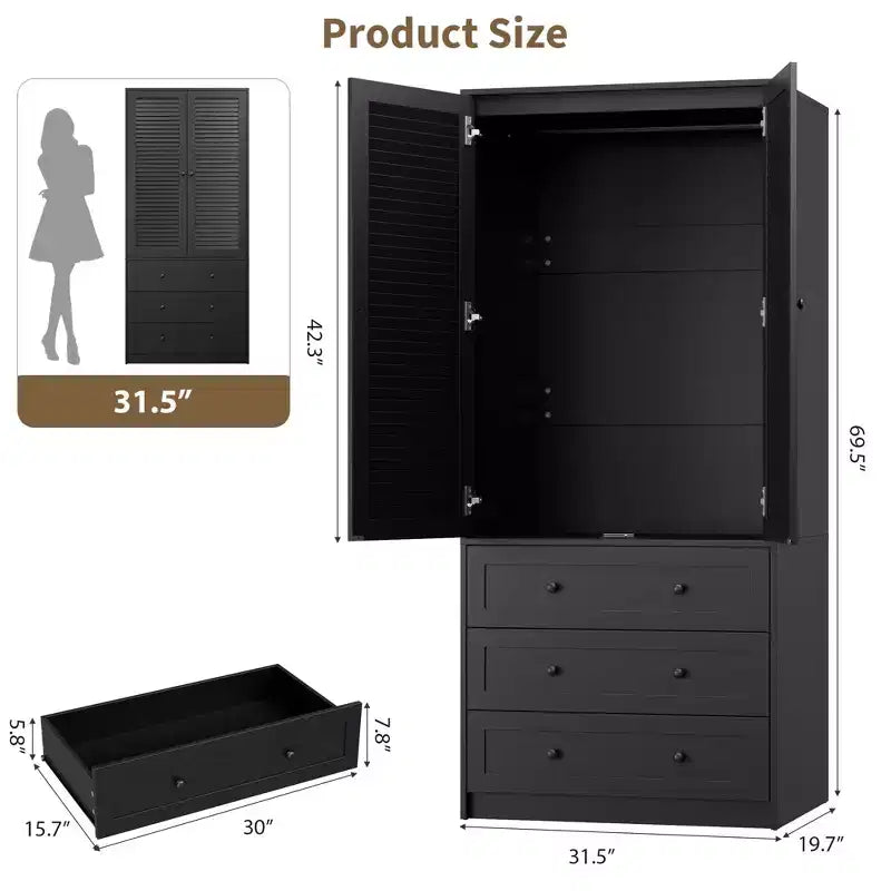 Wardrobe Closet, 69.5 Wooden Wardrobe Cabinet with 3 Drawers, Hanging Rod, 2 Rattan Doors Clothing Storage Cabinet for Bedroom, Large Capacity