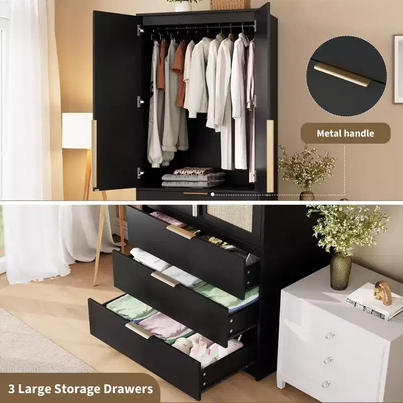 Wardrobe Closet, 69.5 Wooden Wardrobe Cabinet with 3 Drawers, Hanging Rod, 2 Rattan Doors Clothing Storage Cabinet for Bedroom, Large Capacity