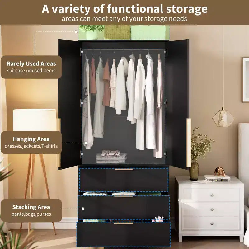 Wardrobe Closet, 69.5 Wooden Wardrobe Cabinet with 3 Drawers, Hanging Rod, 2 Rattan Doors Clothing Storage Cabinet for Bedroom, Large Capacity