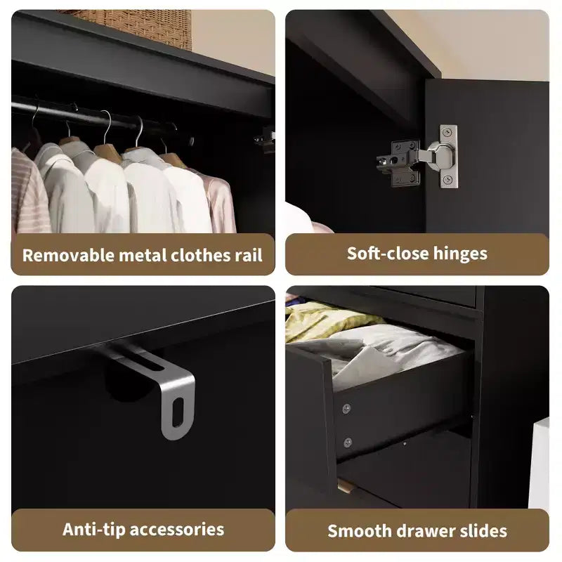 Wardrobe Closet, 69.5 Wooden Wardrobe Cabinet with 3 Drawers, Hanging Rod, 2 Rattan Doors Clothing Storage Cabinet for Bedroom, Large Capacity